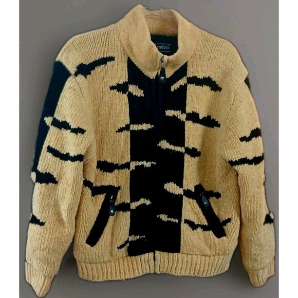 VTG Jamie Sadock Abstract Zip Sweater S Yellow Black Funky Knit Pockets EUC - Picture 1 of 9